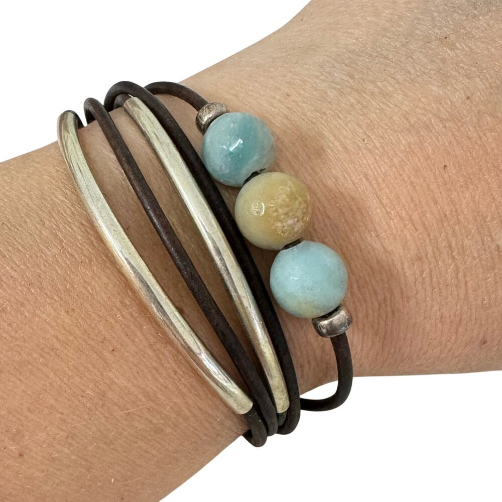 Brown Leather Blue Stone Bead & Silver Tone Bracelet Magnetic Clasp Boho